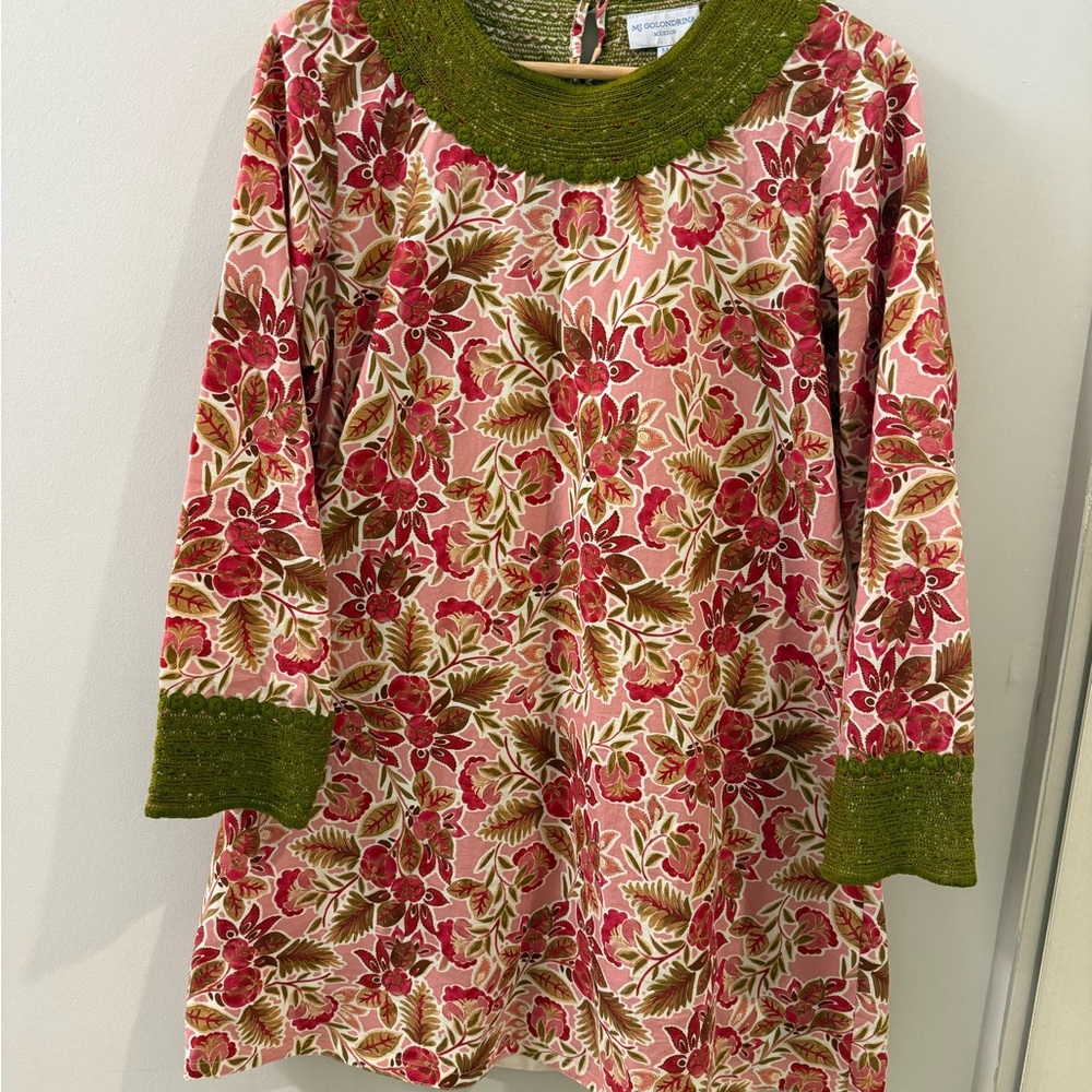 Mi Golondrina Pink Flowered Cotton Shift Dress with Olive Embroidery Size M